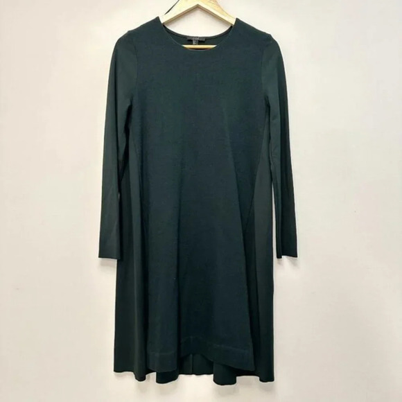 COS Wool Cotton Blend A-Line Long Sleeve Shift Jersey Dress Wool Panel Green M - Picture 3 of 16